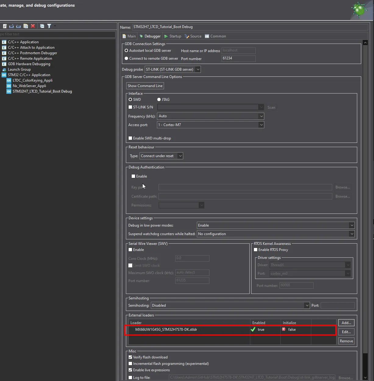 LTCD Boot Debug Settings